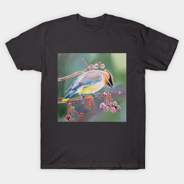 Cedar Waxwing with Crabapples - bird painting T-Shirt by EmilyBickell